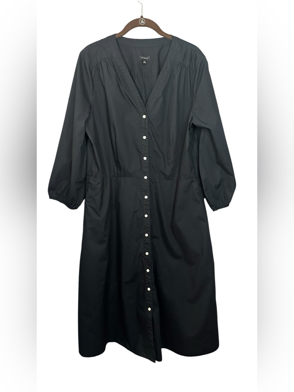 Talbots Black 100% Cotton Shirt Dress Button Front Midi Maxi Dress Size 16